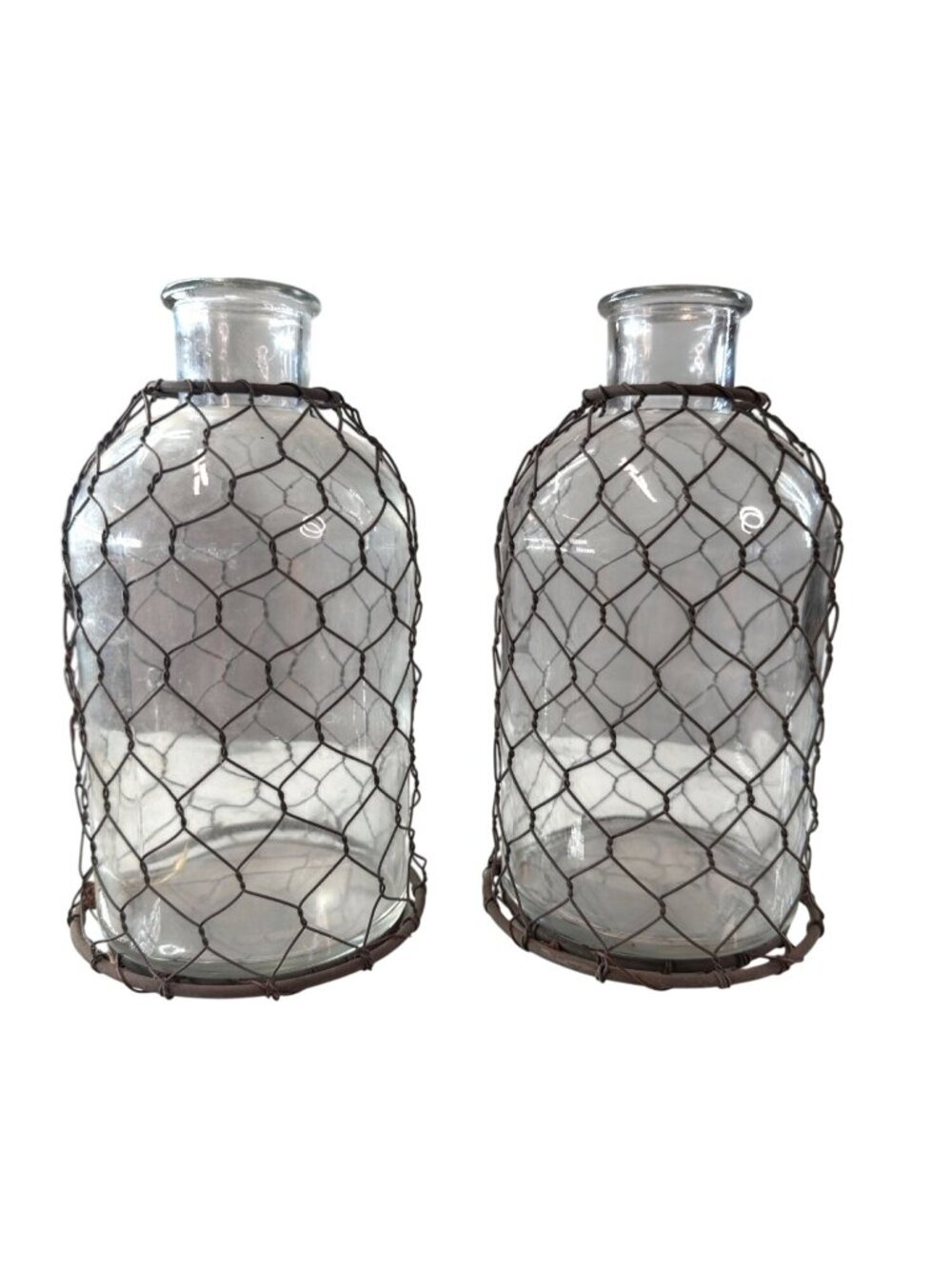 Set of 2 Vintage Farmhouse Chicken Wire Wrapped Glass Bottle Vases – Clear Demij